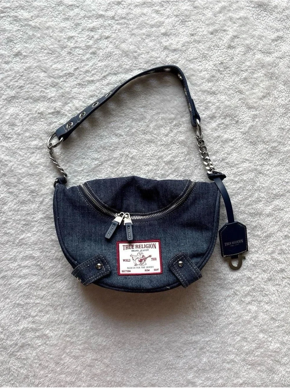True Religion Navy Denim Crescent Shoulder Bag with Silver Hardware